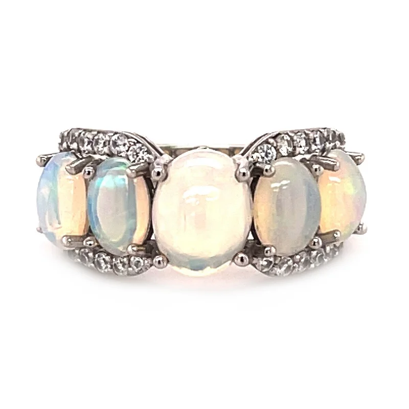 Flexible stone ring-925 Sterling Silver Ethiopian Opal and White Natural Zircon 5-Stone Ring