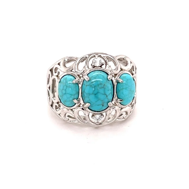 Lush moonstone ring-925 Sterling Silver Mine#8 Turquoise and White Zircon 3-Stone Ring