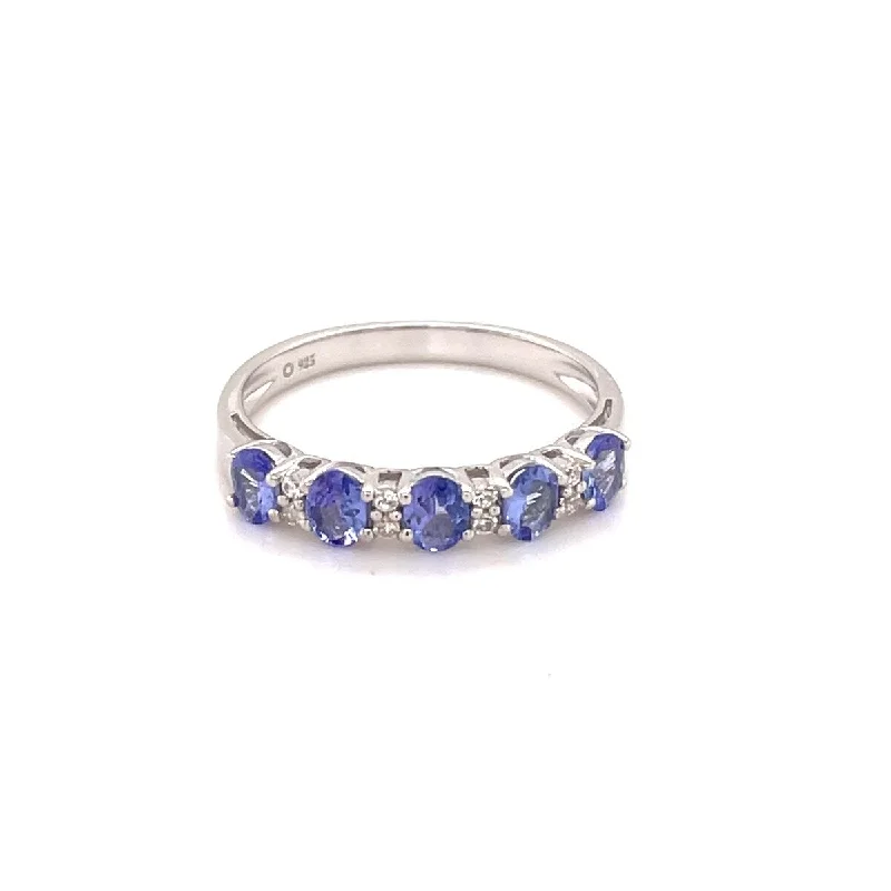 Crest motif ring-925 Sterling Silver Tanzanite and White Natural Zircon 5-Stone Ring