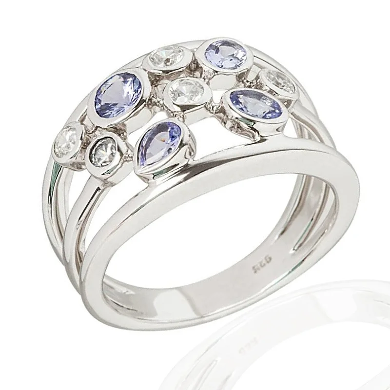 Flowing arc ring-925 Sterling Silver Tanzanite And White Natural Zircon Cluster Ring