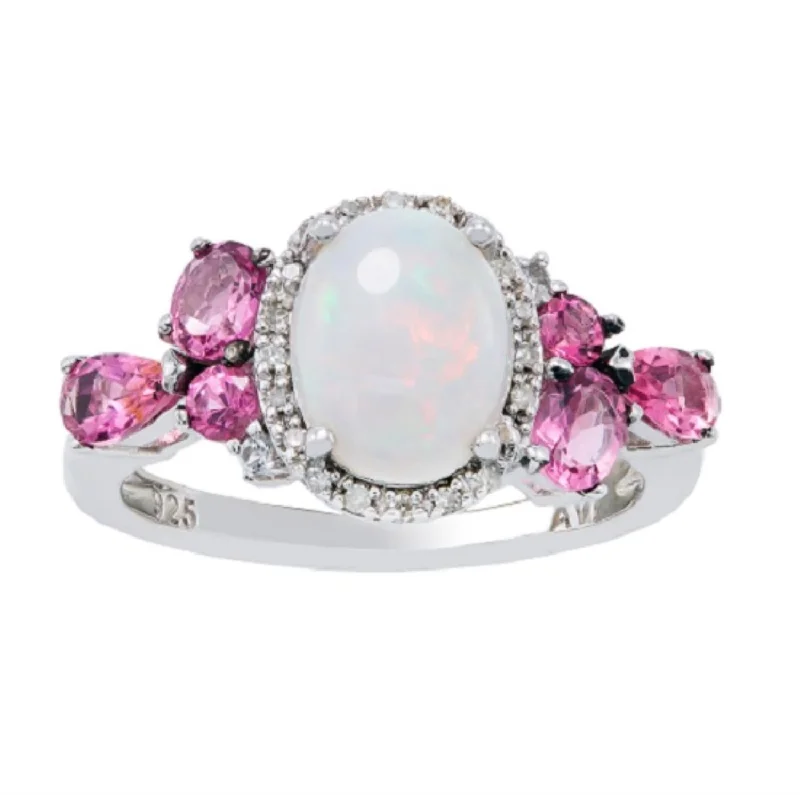 Worn-rim ring-9X7MM Oval Opal and Pink Sapphire Gem Stone Halo Ring in Sterling Silver