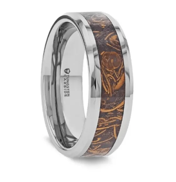 Luminous diamond ring-ABBA Polished Tungsten Wedding Band with Sanskrit Stone Inlay Polished Edges - 8mm