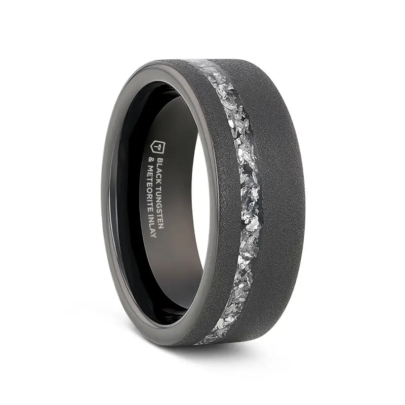 Assorted gem ring-ABYSS Sandblasted Black Tungsten Ring with Meteorite Fragments Inlay - 8mm