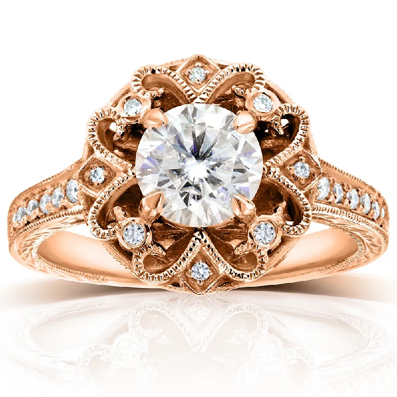 Ten-gem ring-Annello by Kobelli 14k Rose Gold 1 1/5ct TGW Forever One Moissanite and Diamond Antique Floral Extravagant Engagement Ring