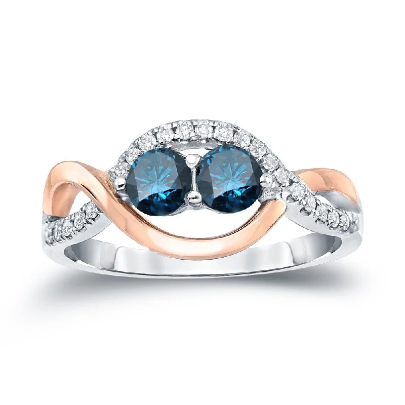 Fluid ring-Auriya 3/4ctw Round 2 Stone Blue Diamond Engagement Ring 14k Two-Tone Gold