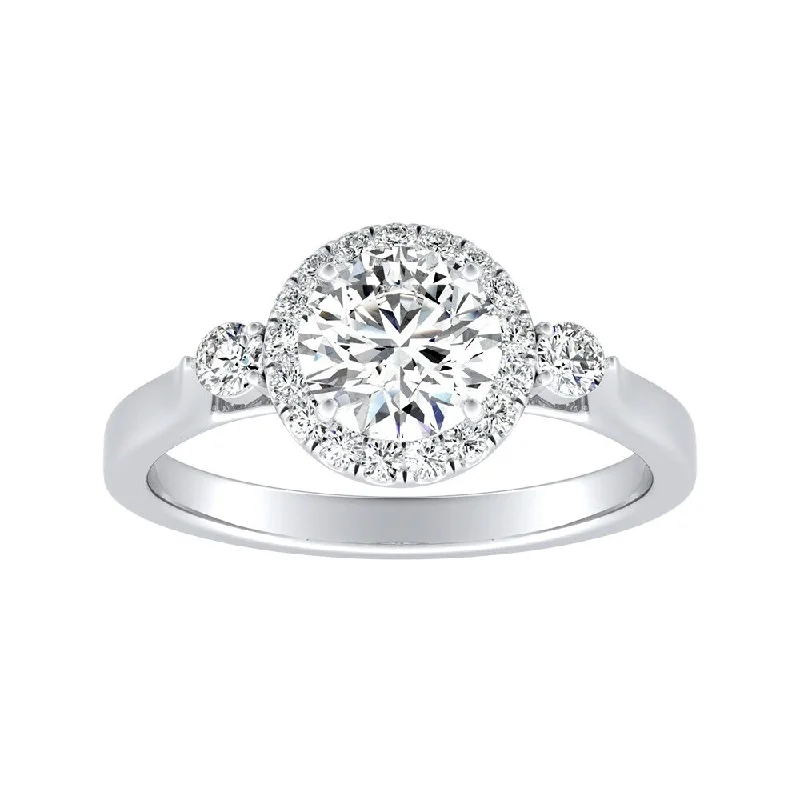 Shiny nickel ring-Auriya 3-Stone 2ct Round Moissanite and 1/4ct TDW Diamond Halo Engagement Ring 14K Gold (G-H, VS1-VS2)