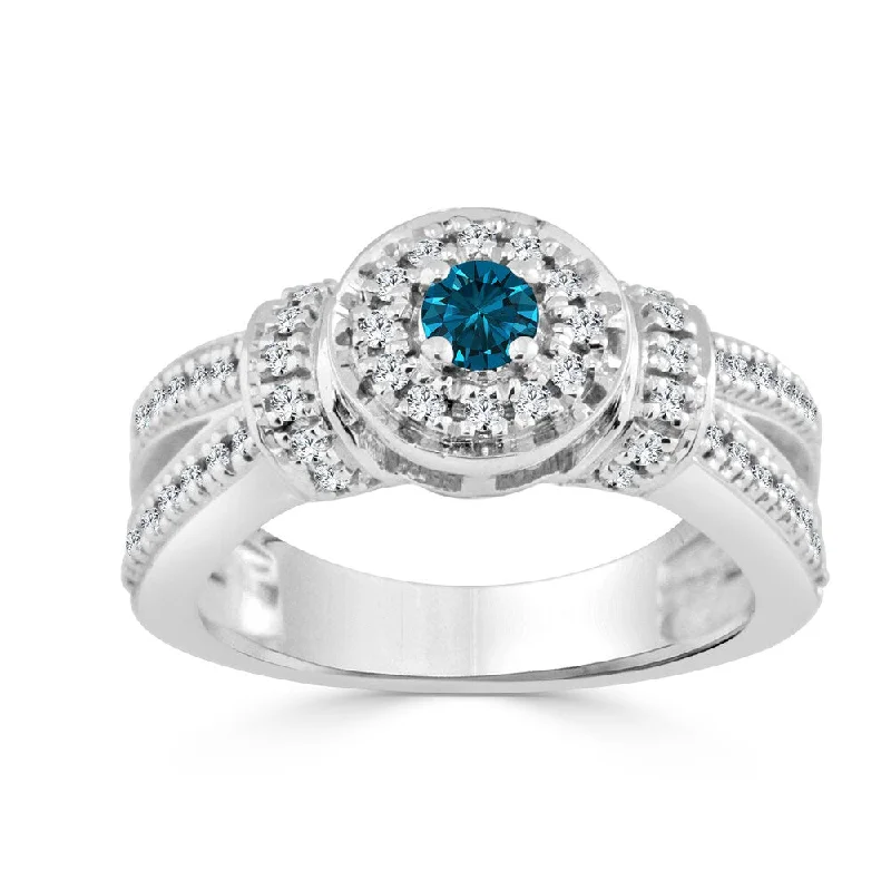 Radiant silver ring-Auriya Contemporary 1/2ctw Halo Blue Diamond Engagement Ring 14K Gold