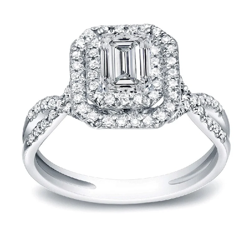 Engraved initial ring-Auriya Platinum 4/5ct TDW Emerald-Cut Diamond Halo Engagement Ring