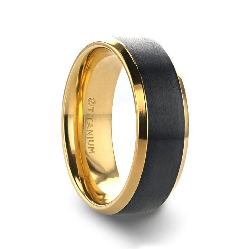 Glossy obsidian ring-BEAUMONT Gold Plated Titanium Polished Beveled Ring with Brushed Black Center - 8mm