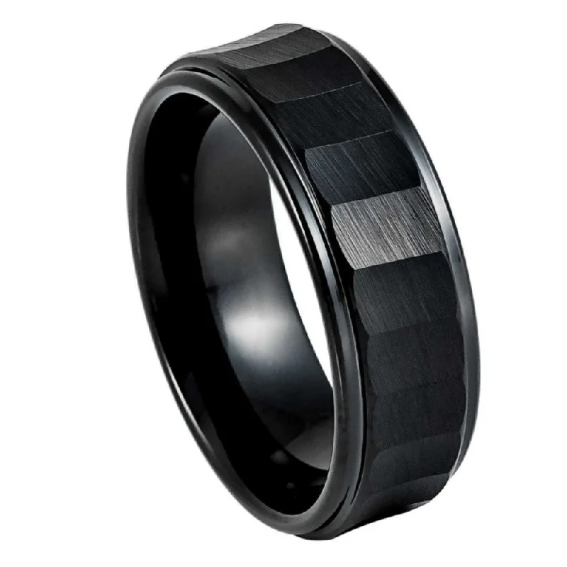 Shimmering stone ring-Black IP Plated Black IP Plated Carved Chiseled Tungsten Ring – 8mm