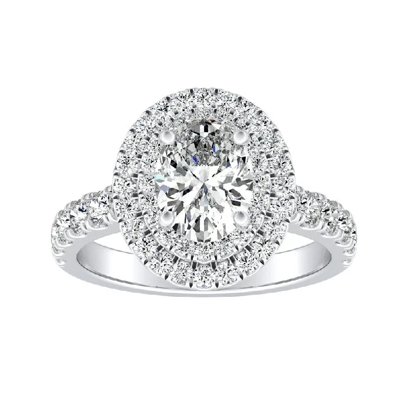 Sharp stone ring-Classic Oval Shape 1 1/2ctw Double Halo Diamond Engagement Ring 18k Gold by Auriya