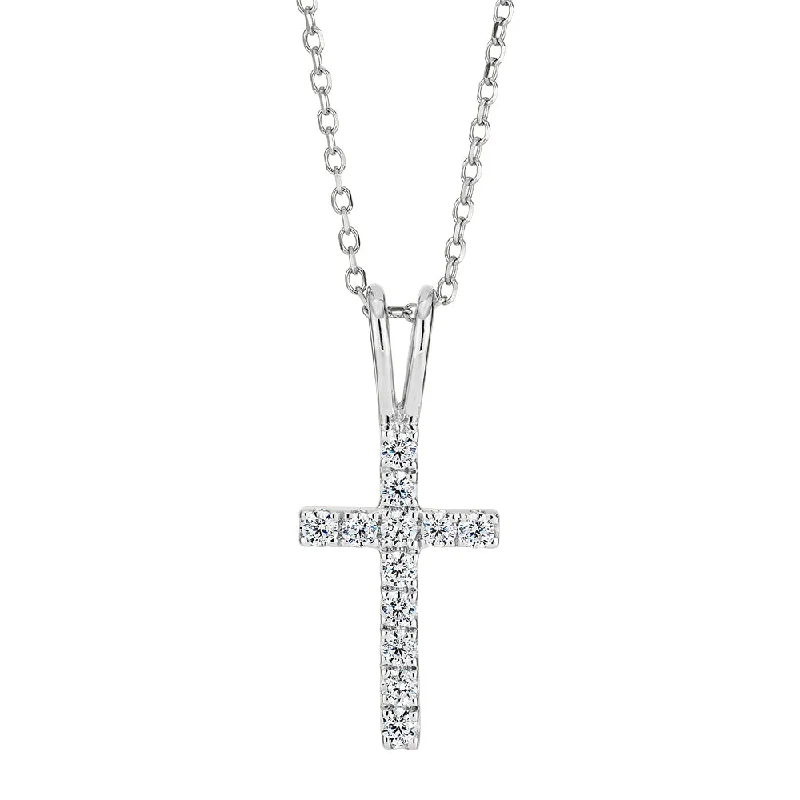 Solid-set pave necklace-Cross pendant in 10 carat white gold