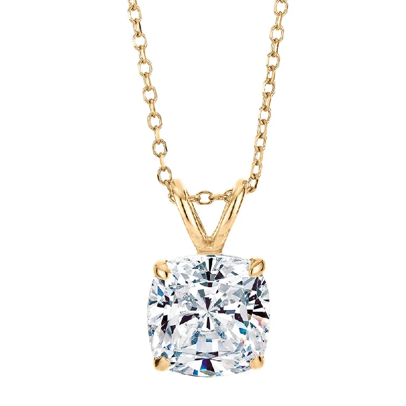 Swept gem necklace-Cushion solitaire pendant with 2 carat* diamond simulant in 10 carat yellow gold