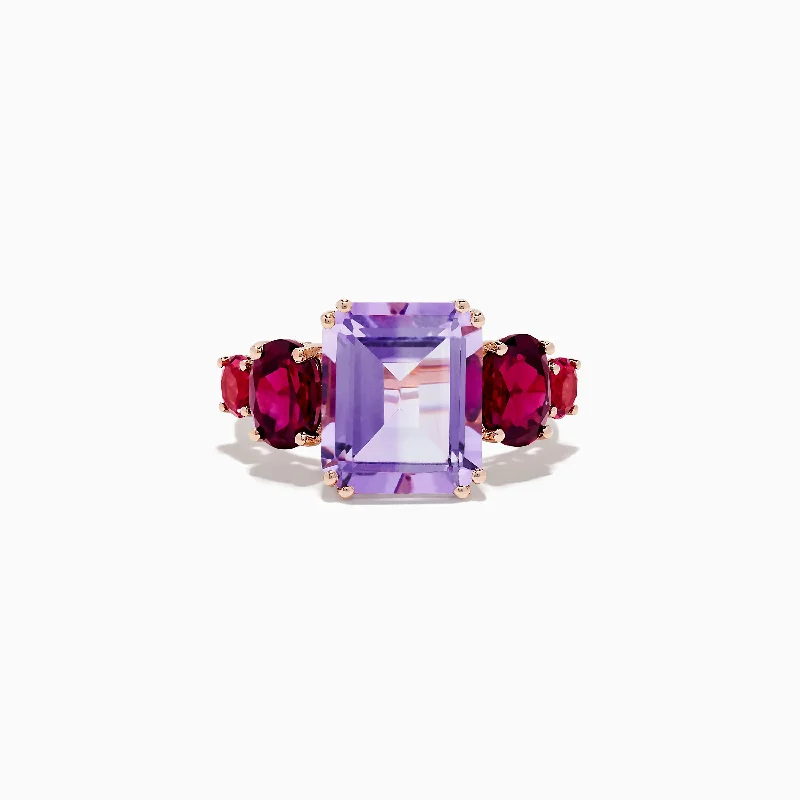 Rough-hewn stone ring-14K Rose Gold Amethyst, Rhodolite and Pink Tourmaline Ring