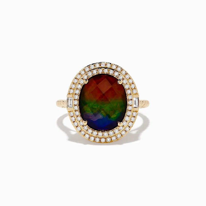 Nonagonal stone ring-14K Yellow Gold Ammolite and Diamond Ring