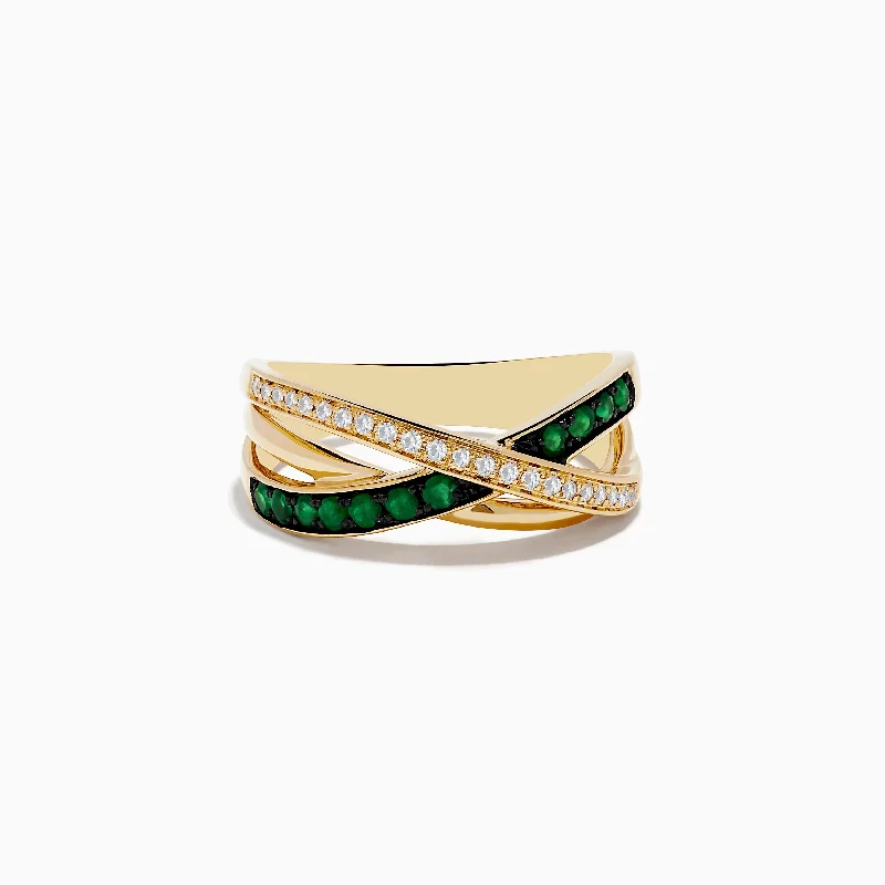 Dimpled ring-14K Yellow Gold Emerald and Diamond Crossover Band