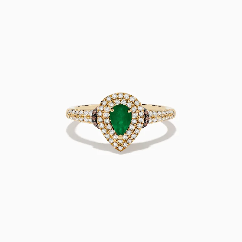 Dewdrop gem ring-Brasilica 14K Yellow Gold Emerald, White and Espresso Diamond Ring