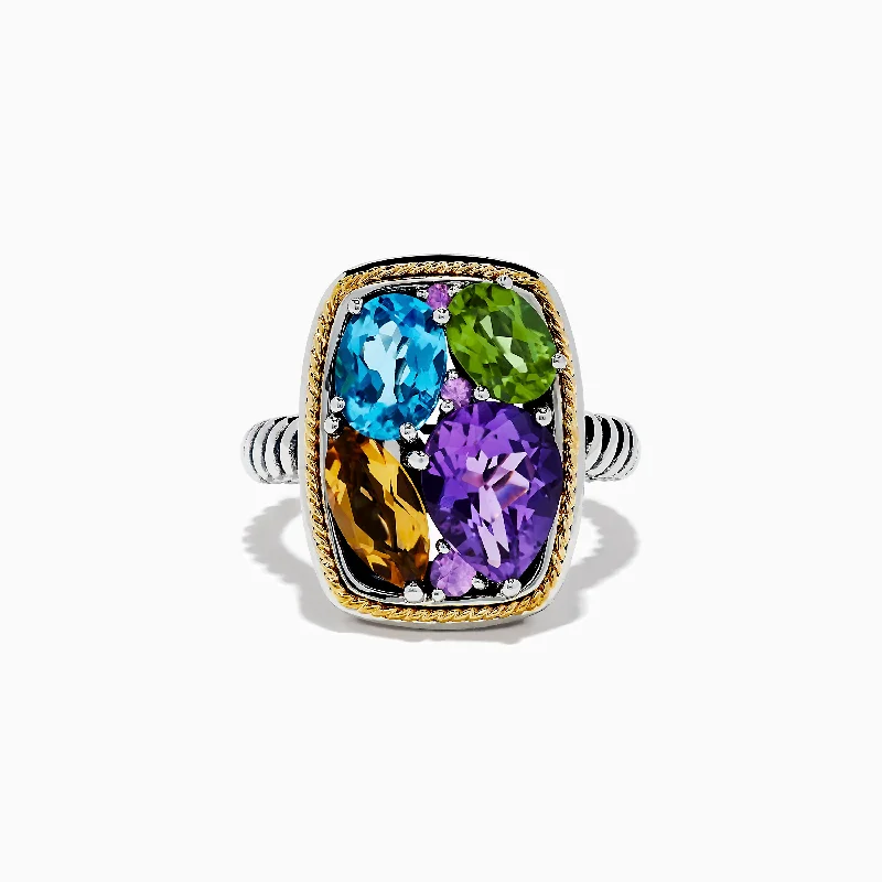 Elevated stone ring-Mosaic 925 Sterling Silver & 18K Gold Multi Color Ring