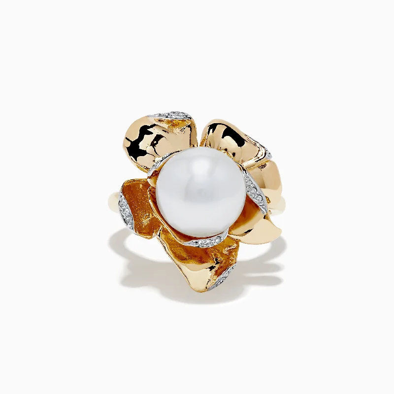 Knotted cord ring-Pearl 14K Yellow Gold Pearl and Diamond Flower Ring