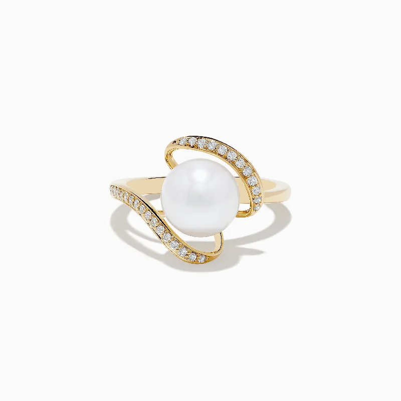 Crafted silver ring-Pearl 14K Yellow Gold Pearl and Diamond Ribbon Ring