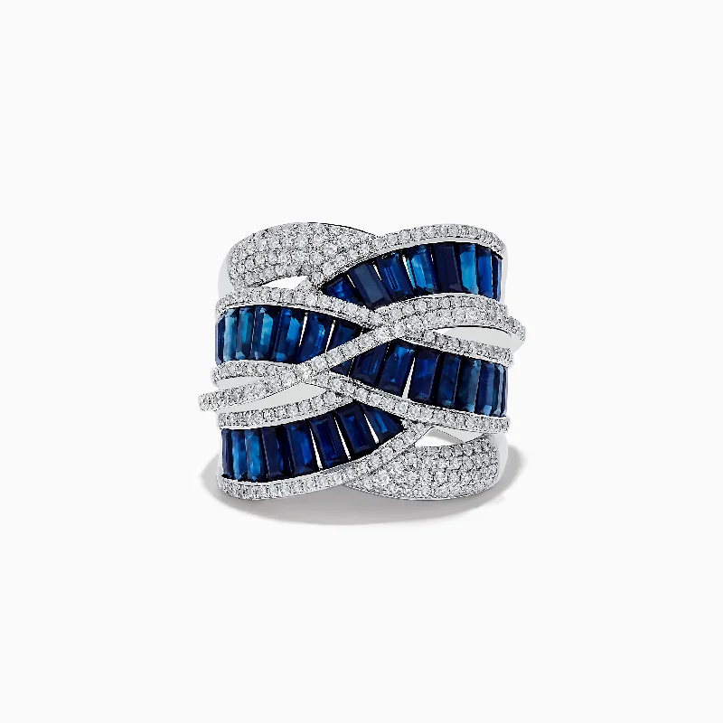 Tesselated band ring-Royale Bleu 14K White Gold Blue Sapphire and Diamond Cross Over Ring