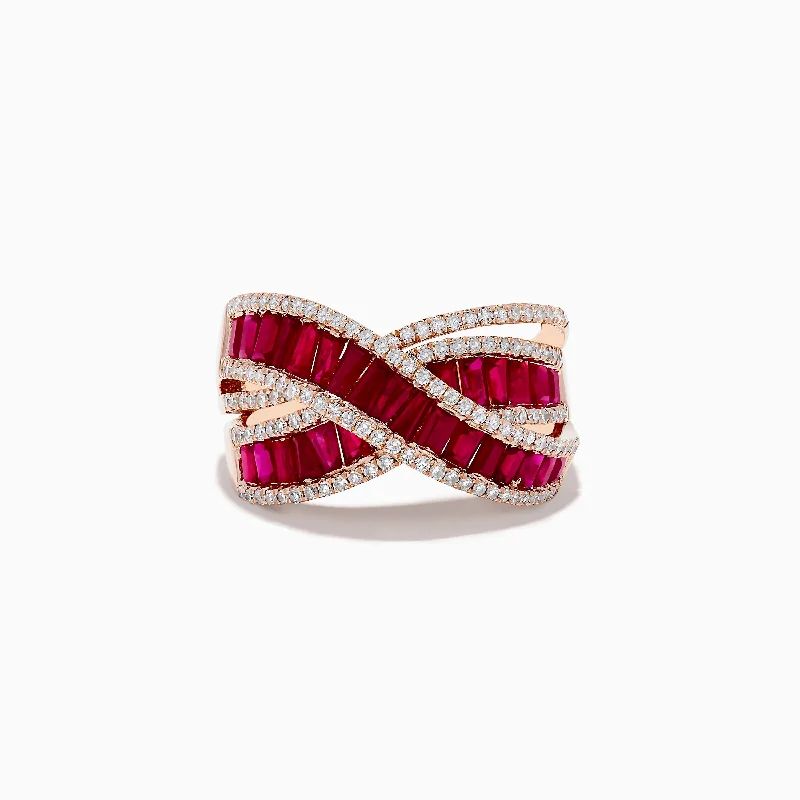 Full sapphire ring-Ruby Royale 14K Rose Gold Baguette Cut Ruby and Diamond Crossover Ring