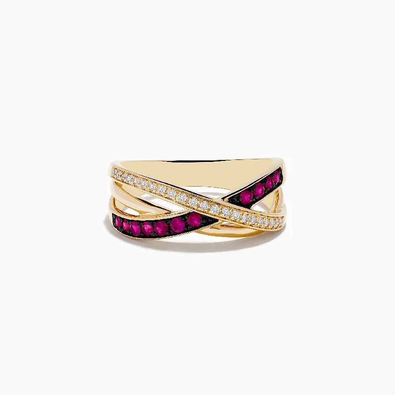 Subtle-carved ring-Ruby Royale 14K Yellow Gold Ruby and Diamond Crossover Band