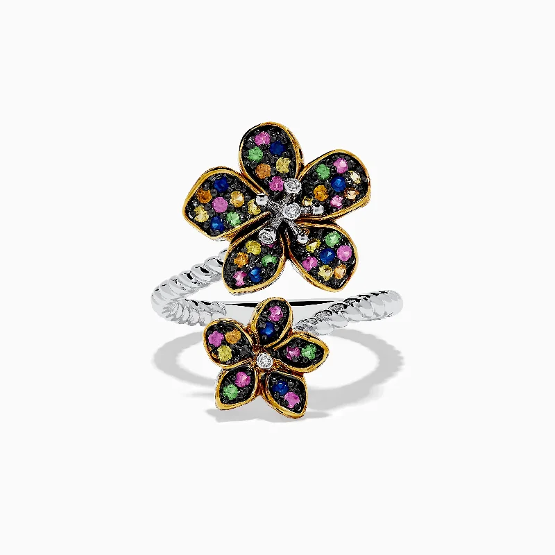 Speckled stone ring-Splash Sterling Silver Diamond and Mulit Sapphires Flower Ring