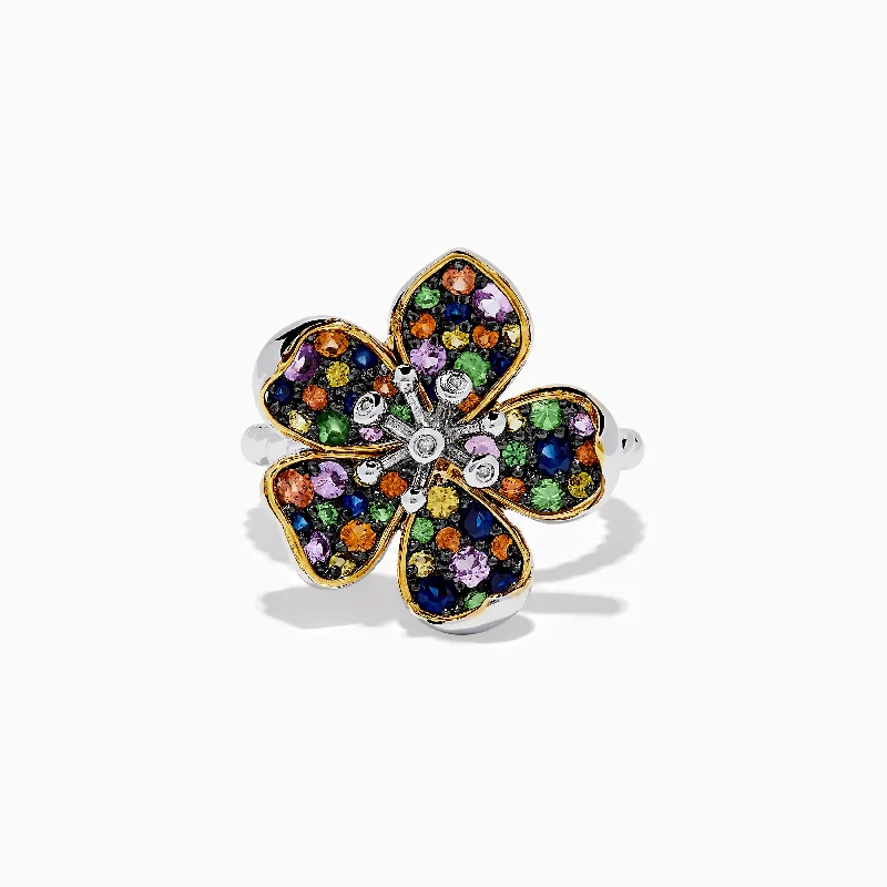 Inset gem ring-Splash Sterling Silver Diamond and Mulit Sapphires Flower Ring