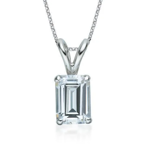 Brushed steel necklace-Emerald Cut solitaire pendant with 2 carat* diamond simulant in 10 carat white gold