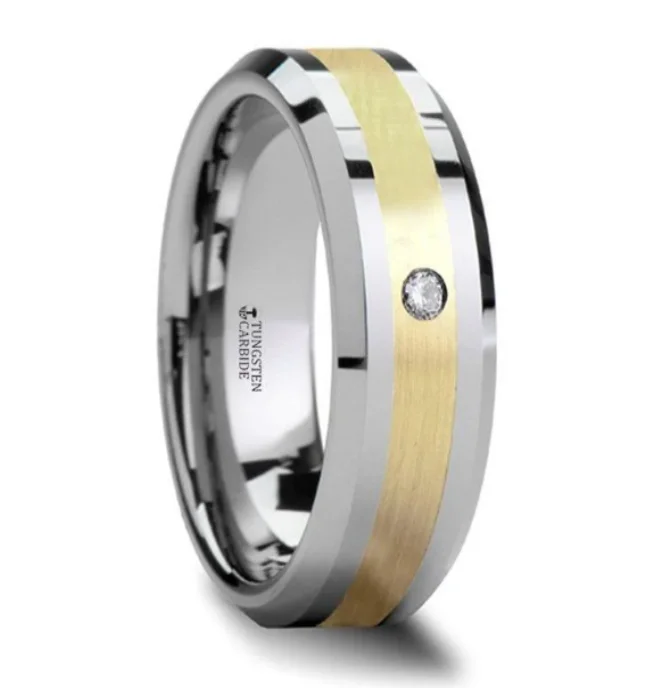 Shimmering platinum ring-FABIAN 14K Gold Inlaid Beveled Tungsten Ring with Diamond - 8mm