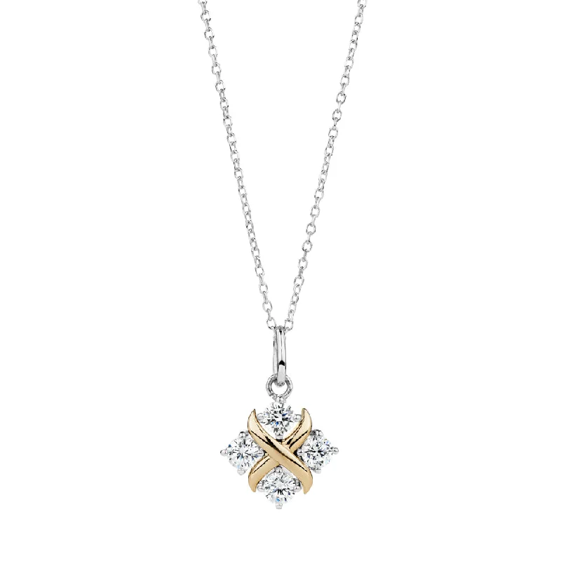 Solid-set pave necklace-Fancy pendant with 0.44 carats* of diamond simulants in 10 carat yellow gold and sterling silver