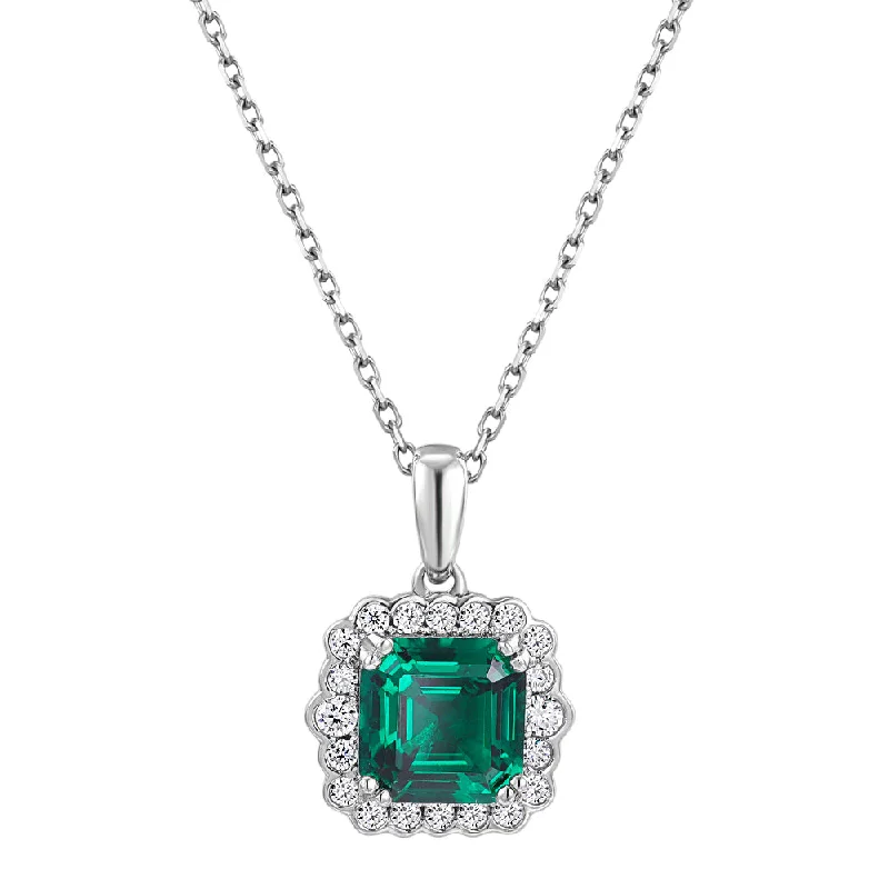 Luminous diamond necklace-Halo necklace with emerald simulant in sterling silver