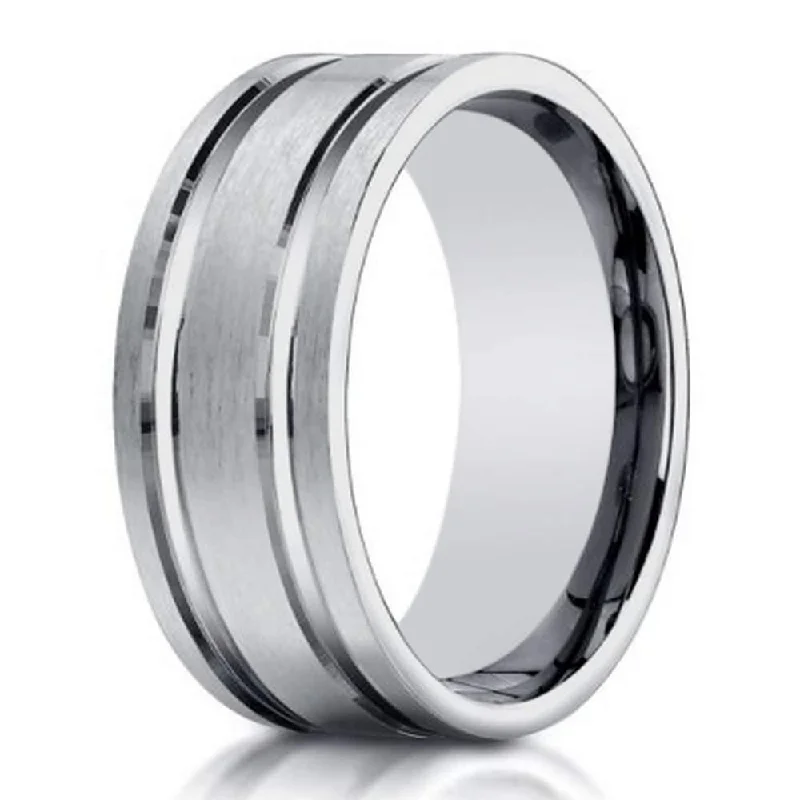 Solid-set pave ring-Designer Men's 10K White Gold Ring With Polished Lines | 8mm