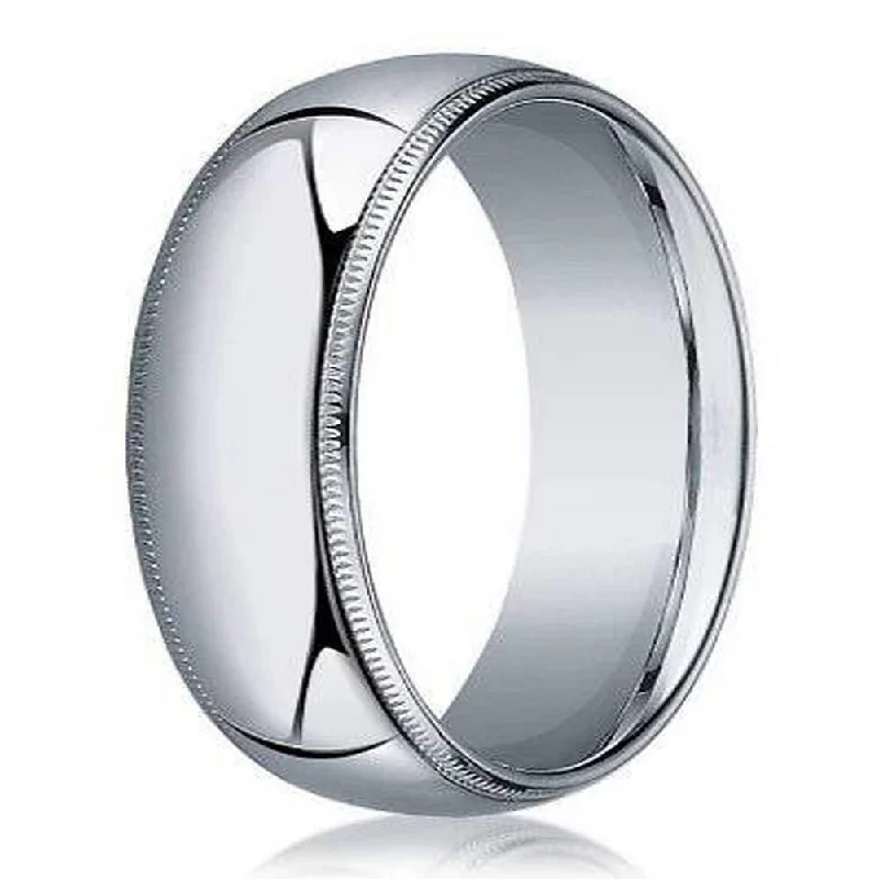 Looping wire ring-Men's 8mm Domed Milgrain Polished Finish Comfort Fit 14k White Gold Wedding Band