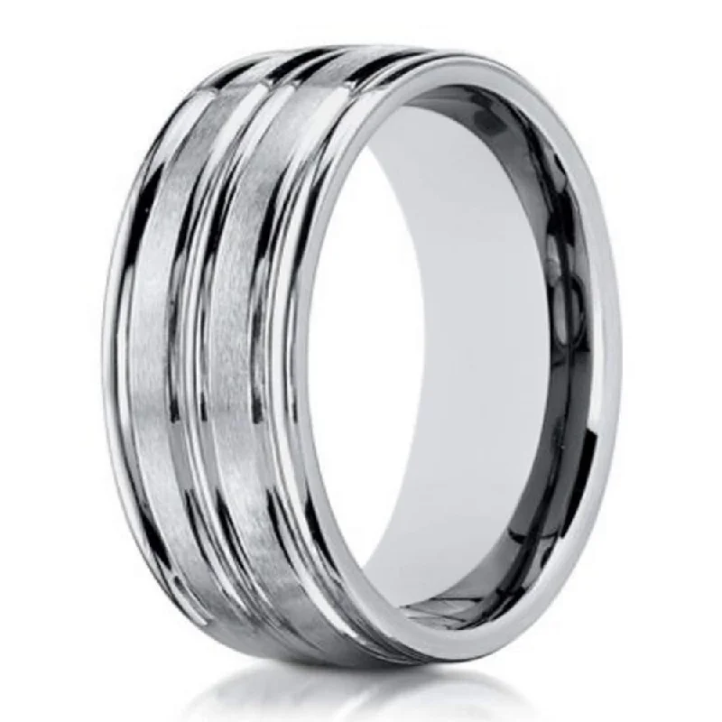 Deep obsidian ring-Men's 8mm Engraved and Polished Finish 14k White Gold Wedding Band