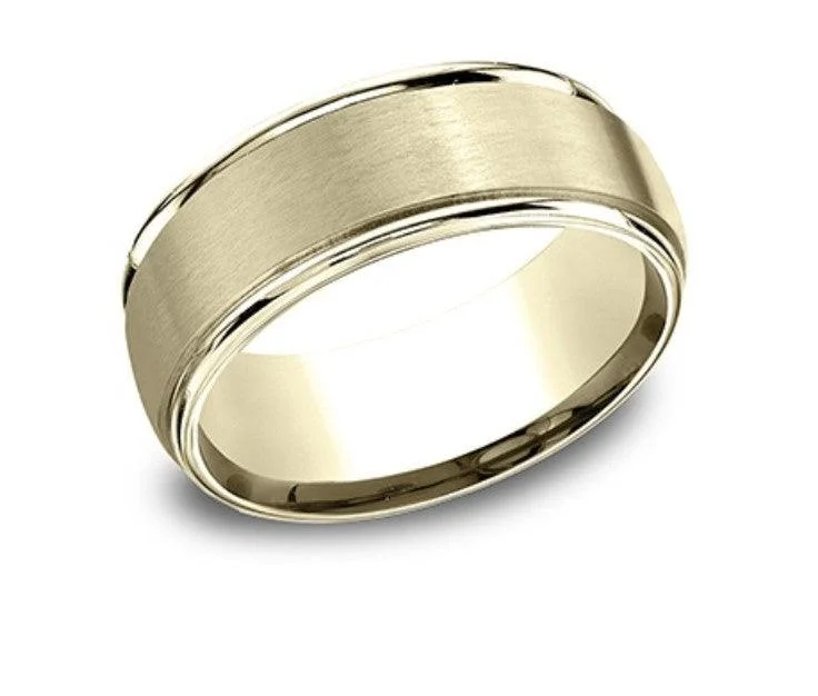 Dimpled ring-Satin Finished Men's 14K Yellow Gold Beveled Edge Wedding Band  8mm