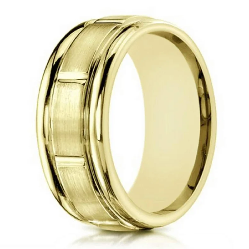 Pulse-wave ring-Men's 6mm Engraved and Satin Finish 14k Yellow Gold Wedding Band