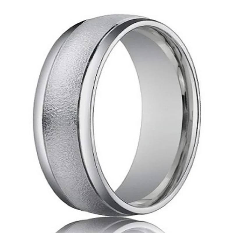 Raised-tier ring-Men's Designer Wedding Ring in 18K White Gold, Sand Blasted | 4mm