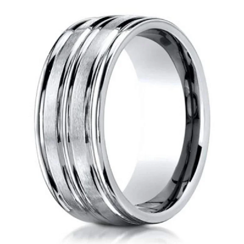 Broad-level ring-Comfort Fit 18K White Gold Wedding Band with Satin & Polished Finish – 8 mm