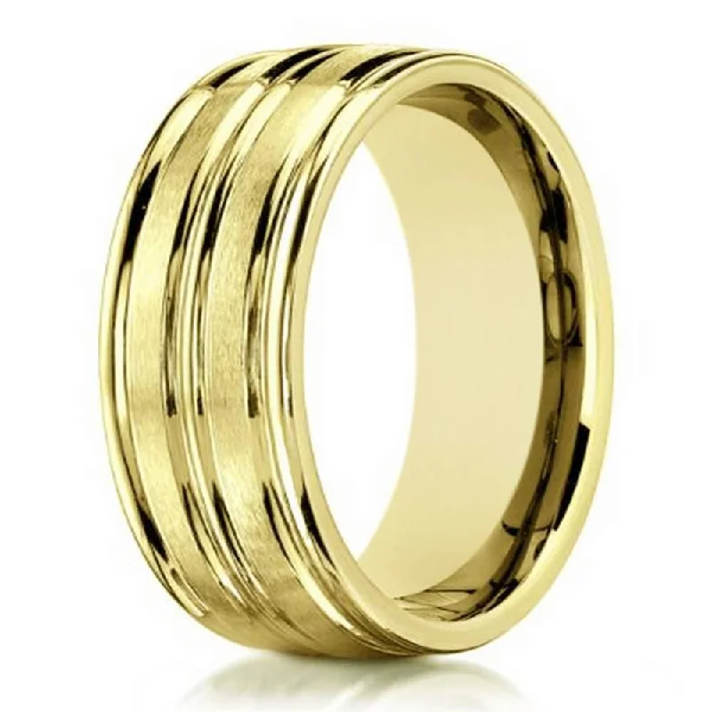 Patterned glaze ring-Men's 18K Yellow Gold Designer  Ring with 3 Polished Grooves | 8mm