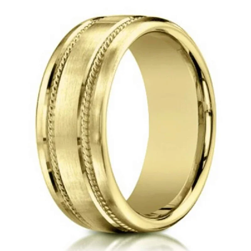 Stamped gem ring-Men's 18K Yellow Gold Designer Wedding Band, Rope Details | 7.5mm