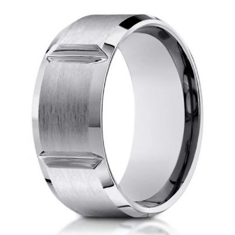 Subtle-carved ring-8mm Men's 14k White Gold Ring with Polished Grooves