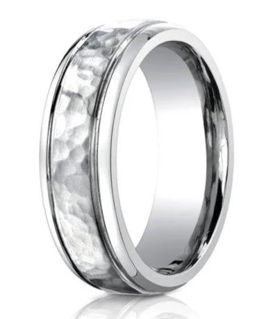 Bloom-bud ring-Designer Cobalt Chrome Men's Wedding Band, Hammered Finish- 7mm