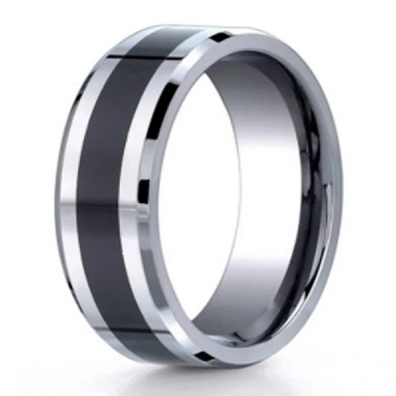 Hovering stone ring-Men's Cobalt Chrome Wedding Band With Black Ceramic Inlay, 7mm