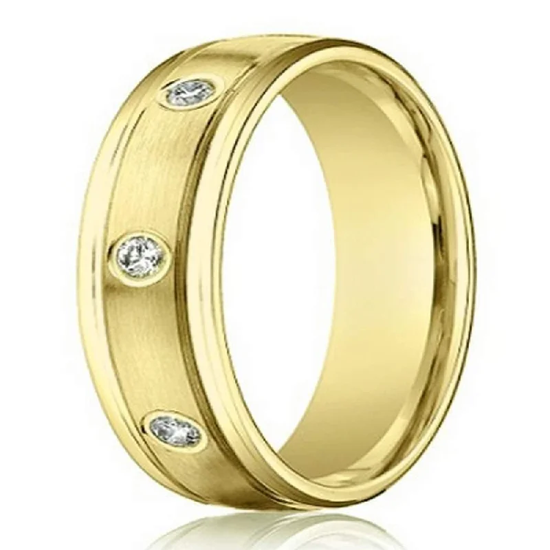 Buried ring-Mens 4mm 14k Yellow Gold Wedding Ring with 8 Round Diamonds