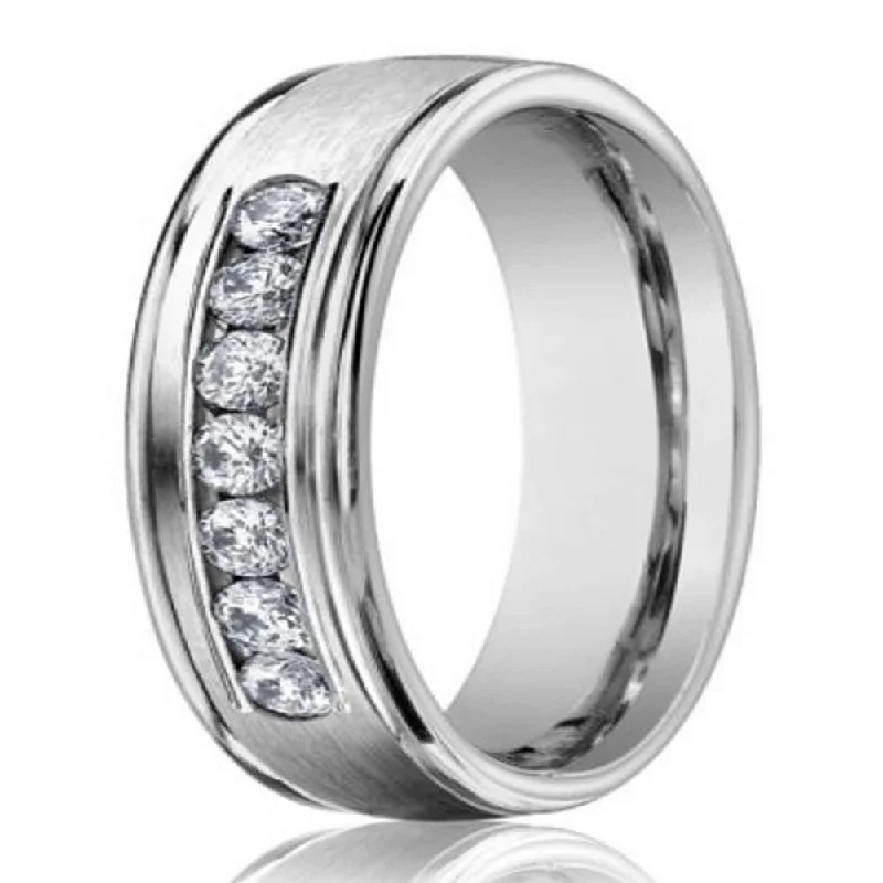 Ten-gem ring-Men's 14K White Gold Wedding Ring with 7 Diamonds | 6mm