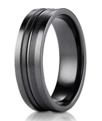 Deep emerald ring-Men's Titanium Black Ridge Cut Center Wedding Ring | 8mm