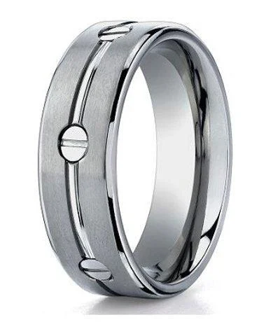 Grooved pattern ring-Men's Titanium Ring with Satin Finish with Round Screws | 8mm