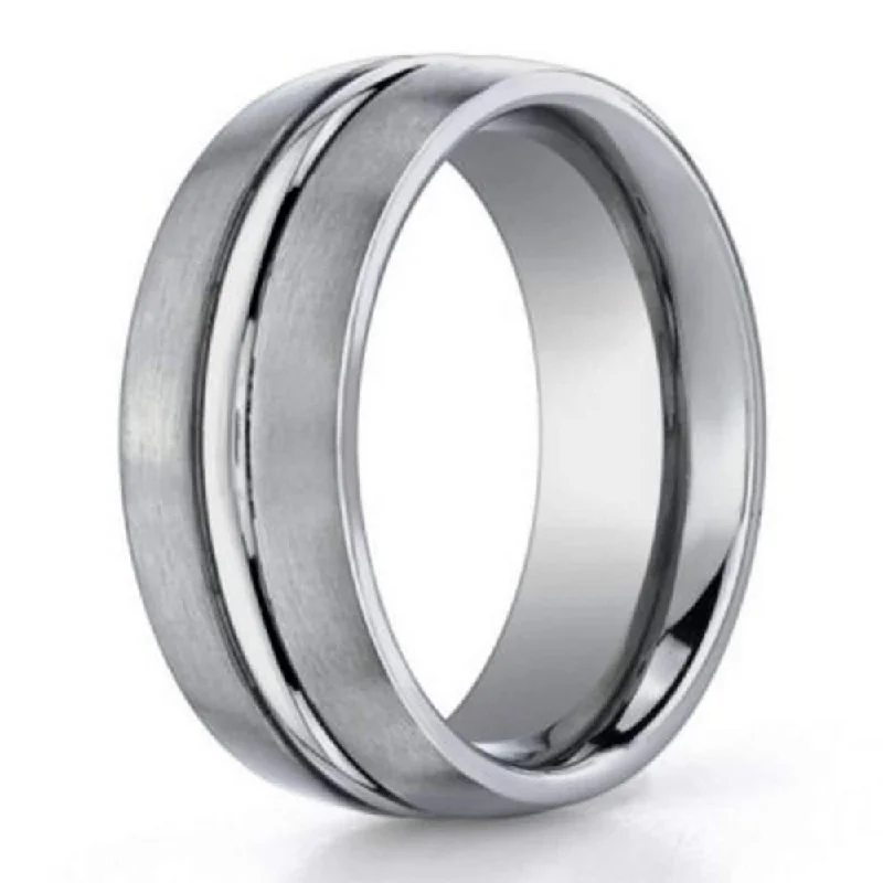 Broad-level ring-6mm Benchmark Titanium Satin Finish Wedding Ring with Trim